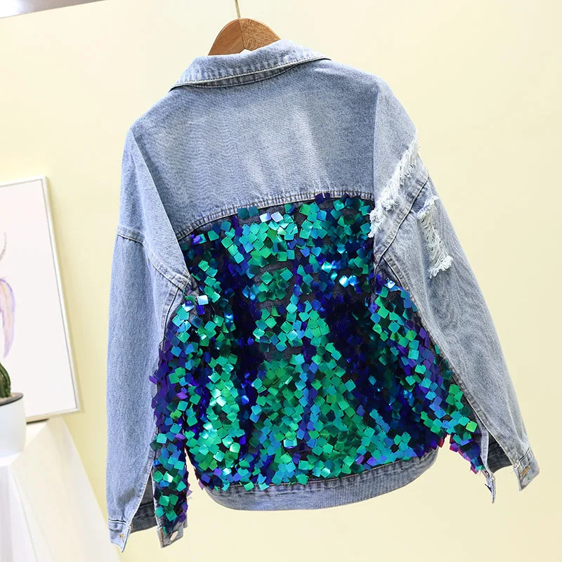 

Spring Autumn 2019 New Sequins Holes Cowboy Short Jacket Loose Long-sleeved Studded Jackets Student Green Sequins Coat Women
