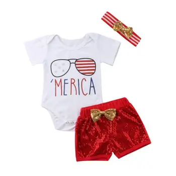 

Cool Infant Girl Summer Outfits Suit Letter Print America Romper Red Bow Knot Sequins Shorts Headband 3Pcs Brand New Trendy Set