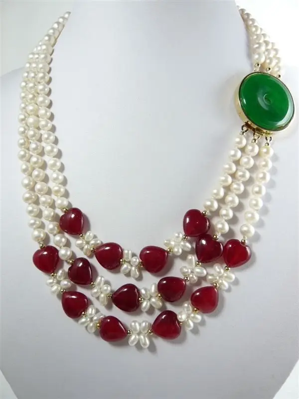 

Free Shipping >> New Design Beautiful Red Jade White Freshwater Pearl Necklace