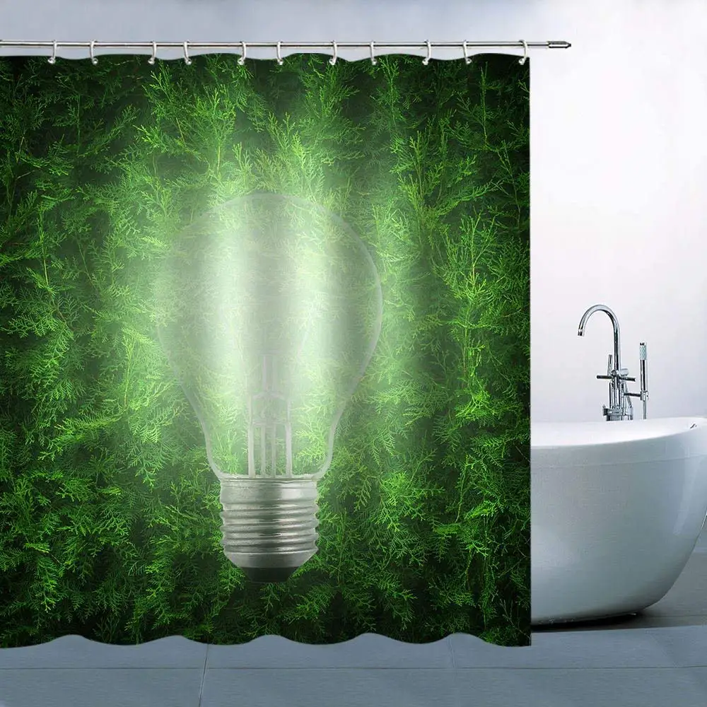 

Personality Bulb Leaf Pattern Theme Shower Curtain Bright Light Bulb Green Pine Tree Background Waterproof