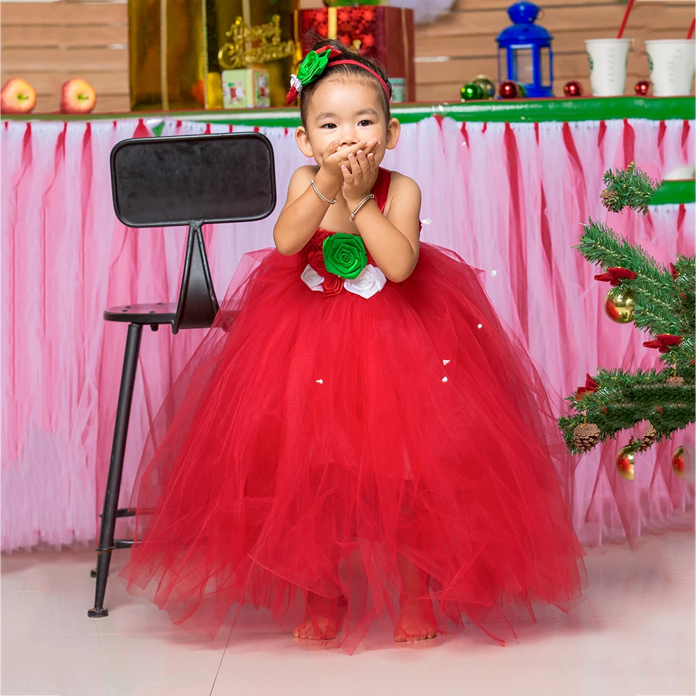 

Fancy Girl Princess Red Christmas Carnival Tutu Dress Clothes for Kids Junior Bridesmaid Wedding Floor Dresses Festival Costumes