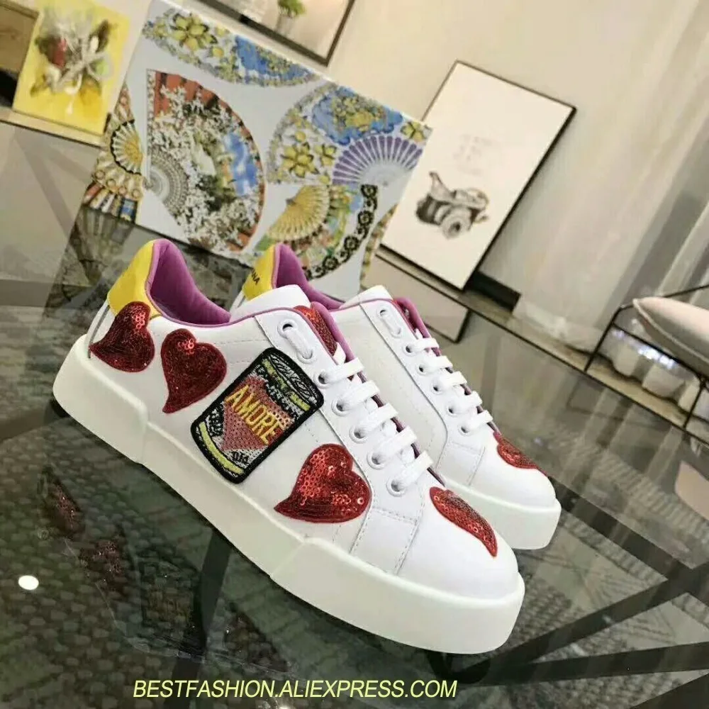 

Red heart Cow Leather Women's Shoes Thick Heel Fashion White Platform Casual Shoes Round Toe Lace Up Female Shoes Wholesale