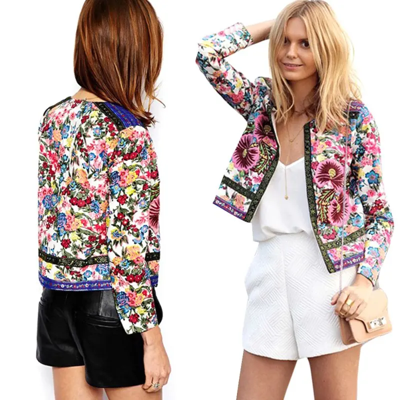 

Women Jackets Bohemian Floral Embroidery Collarless Outwear Long Sleeve Print Patchwork Jacket Coat Clothes