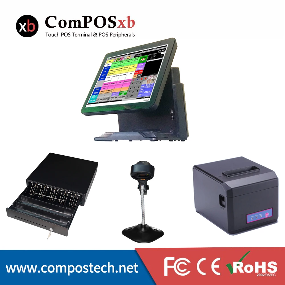 

Black Pure Touch Screen Pos For Restaurant with Printer Barcode Scanner Cash Drawer