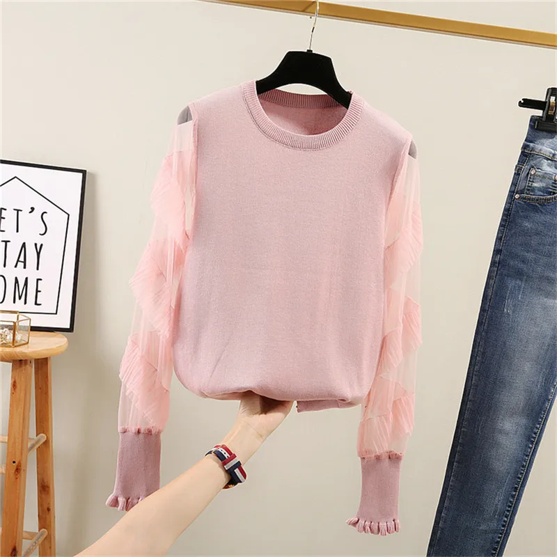 LUOSHA, Женский Осенний тонкий вязаный пуловер с оборками и сеткой в стиле пэчворк, свитер, женский джемпер, топы, Дамская мода, Повседневный пуловер для женщин - Цвет: pink