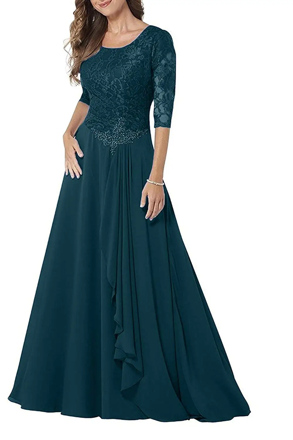 Женское кружевное шифоновое платье с круглым вырезом, 1/2 рукав, платье для матери невесты, а-силуэт, наряд для выпускного, длинный со складками и бусинами