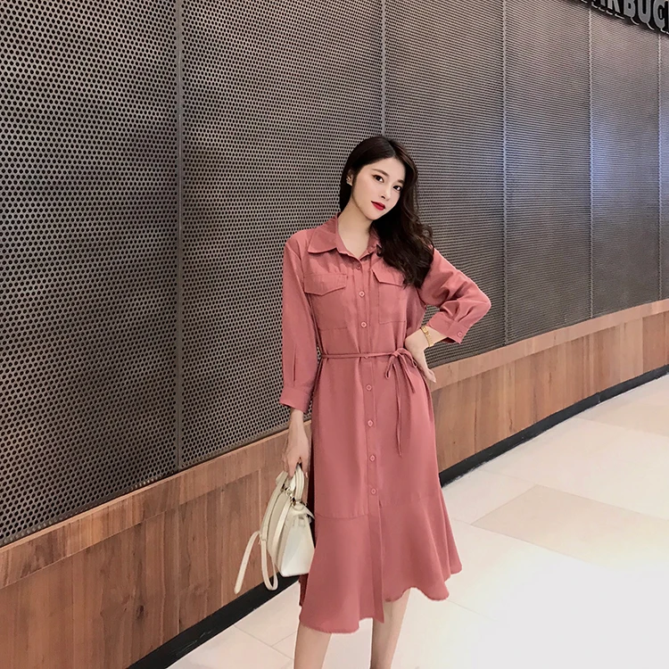 

2019 Autumn New Black Shirt Dress Korean Style Three Quarter Sleeve Long Fish Tail Dress lace-up Casual Dress