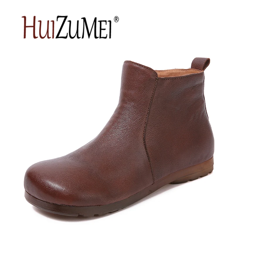 

HUIZUMEI New Casual Genuine Leather 2018 Women's Boots Autumn Shoes Hand-made Retro Female Round Toe Original Ankle Ladies Boots