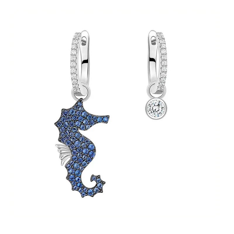 

New New Real 925 Sterling Silver Asymmetric Blue Seahorse AB Earrings Micro Cubic Zirconia Stones Women Fashion Party Jewelry
