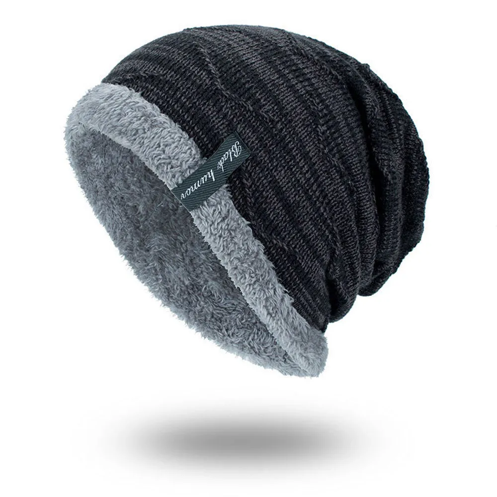 Модная мужская зимняя шапка для мальчиков, вязанные шарф и шапка, мужские теплые шапки и кепки, Шапка-бини, флисовая Шерстяная кепка для папы, вязаная шапка - Цвет: Black