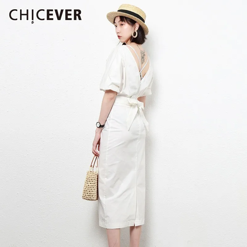 

CHICEVER Summer Casual Solid O Neck Lantern Sleeve High Waist Women Dress Patchwork Bow Mid Loose Slim Calf A-line Dresses 2019
