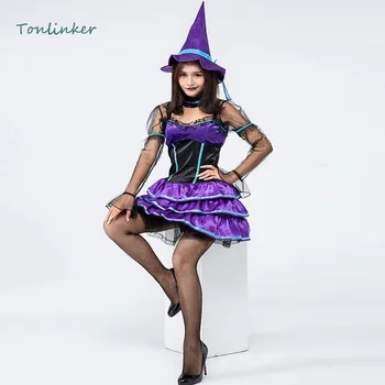 

Witch Costume Halloween Purple Lovely Small Witch Cosplay Costumes Dress+Hat Party Carnival Stage Women Dresses Clothing