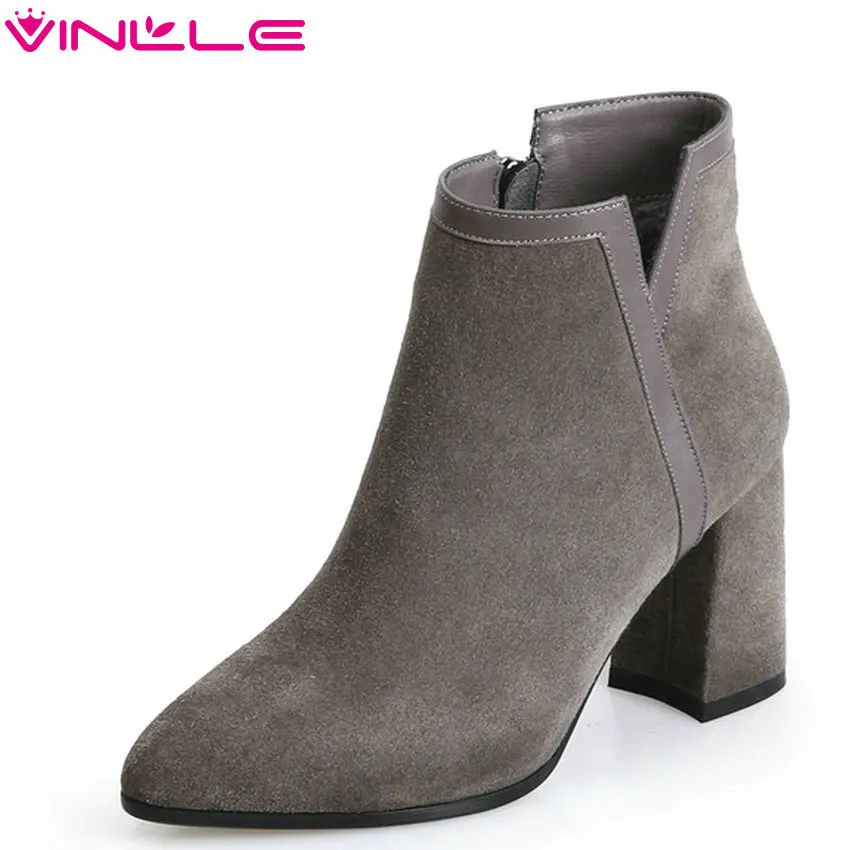 

VINLLE 2019 Women Ankle Bootselegant Casual Square High Heel Cow Suede All Match Zipper Fashion Winter Women Shoes Size 34-39