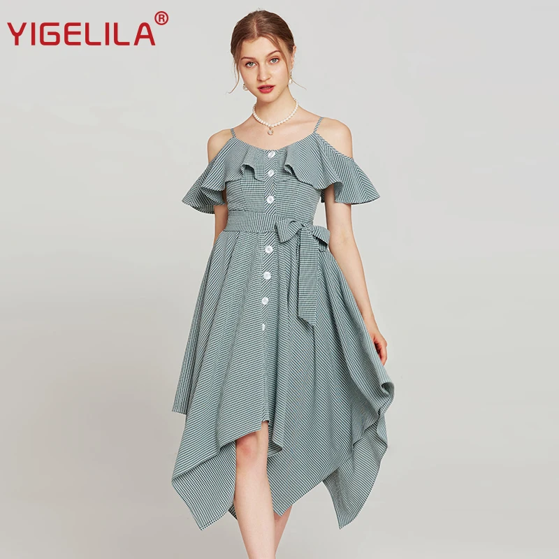 

YIGELILA 2019 Summer Women Asymmetrical Plaid Dress Fashion Spaghetti Strap V-neck Empire Slim Mid Length Ruffles Dress 63964