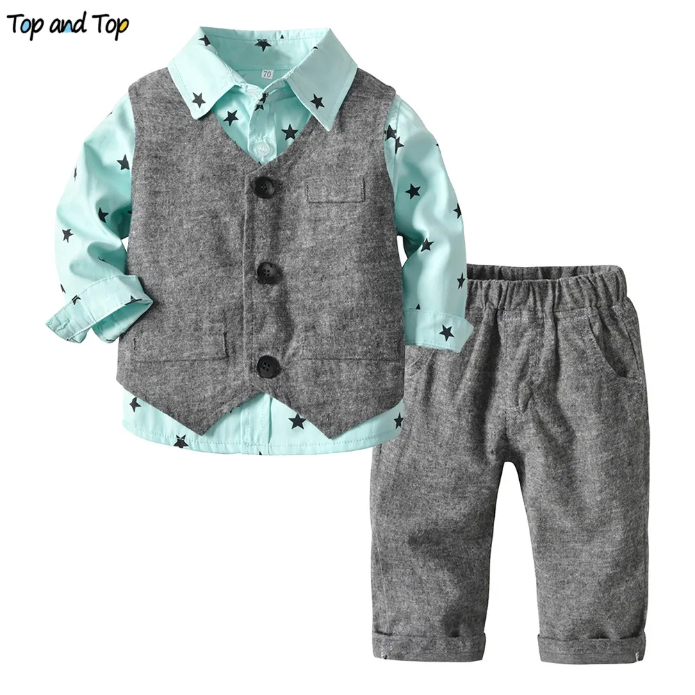 

Top and Top Spring Autumn Toddler Boy Gentleman Clothes Set Stars Pattern Shirt+Vest+Trousers 3Pcs Suit Baby Boys Casual Outfits