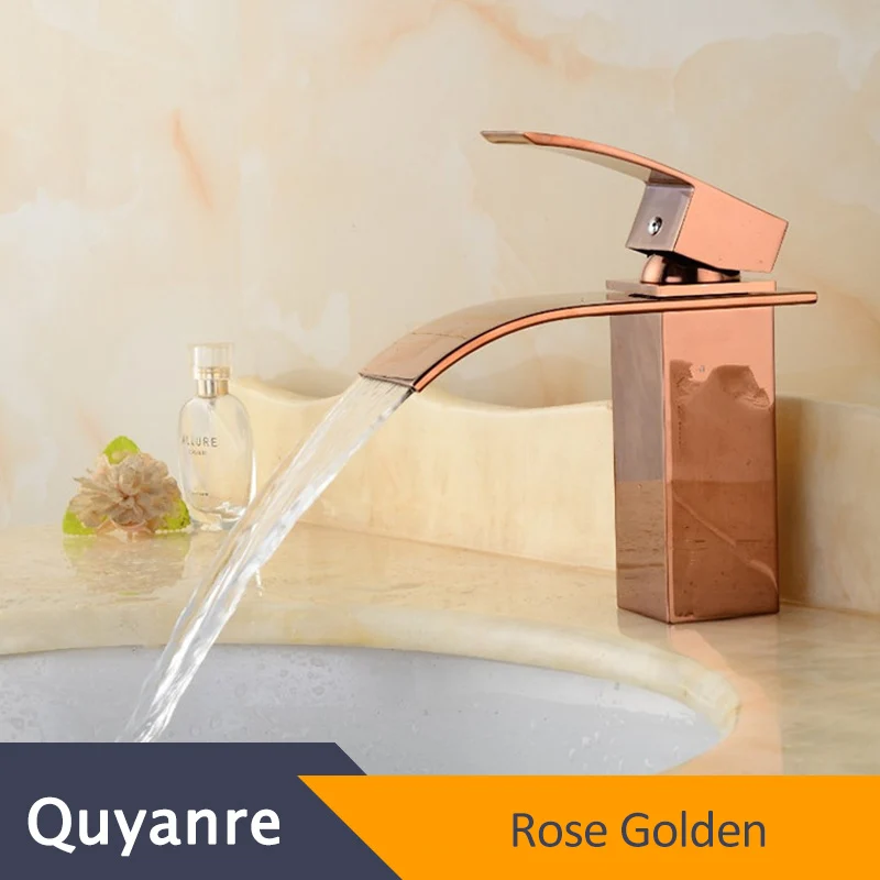 Quyanre, хромированный Водопад, смеситель для раковины, античная латунь, смеситель для раковины, с одной ручкой, смеситель для ванной комнаты, кран для водопада - Цвет: Rose Golden