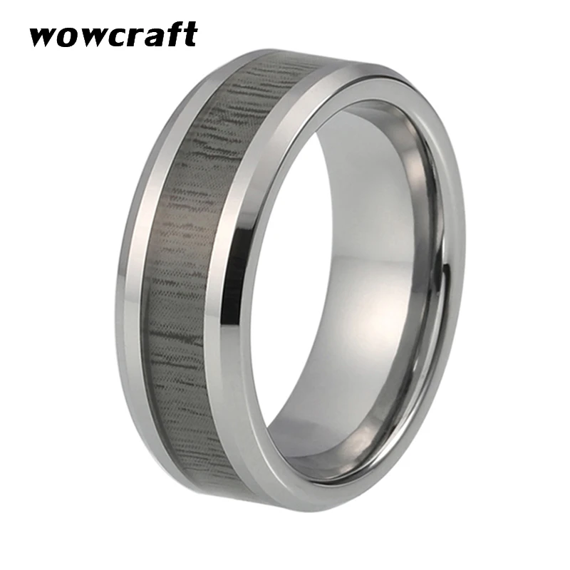 

Mens Womens 8mm Silver Tungsten Carbide Ring Zebra Wood Inlay with Beveled Edges Vintage Wedding Engagement Band