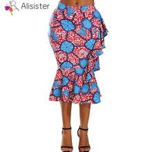 Сексуальная стильная африканская Цветочная Печать Высокая талия Bodycon труба миди юбка Женская Плюс Размер винтажные боковые каскадные юбки с оборками