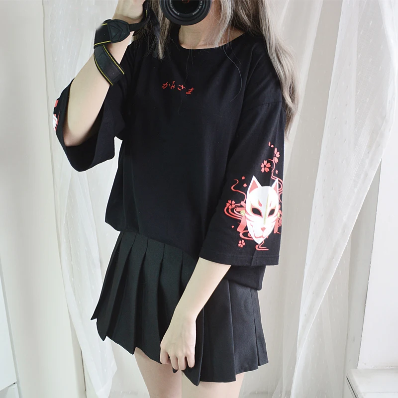 Japan Style Fox Printed Cross Ribbon T-shirt Women Girls' Three Quarter Sleeve Black Summer Tee Top Clothes Japan Style Fox Printed Cross Ribbon T-shirt Women Girls' Three Quarter Sleeve Black Summer Tee Top Clothes