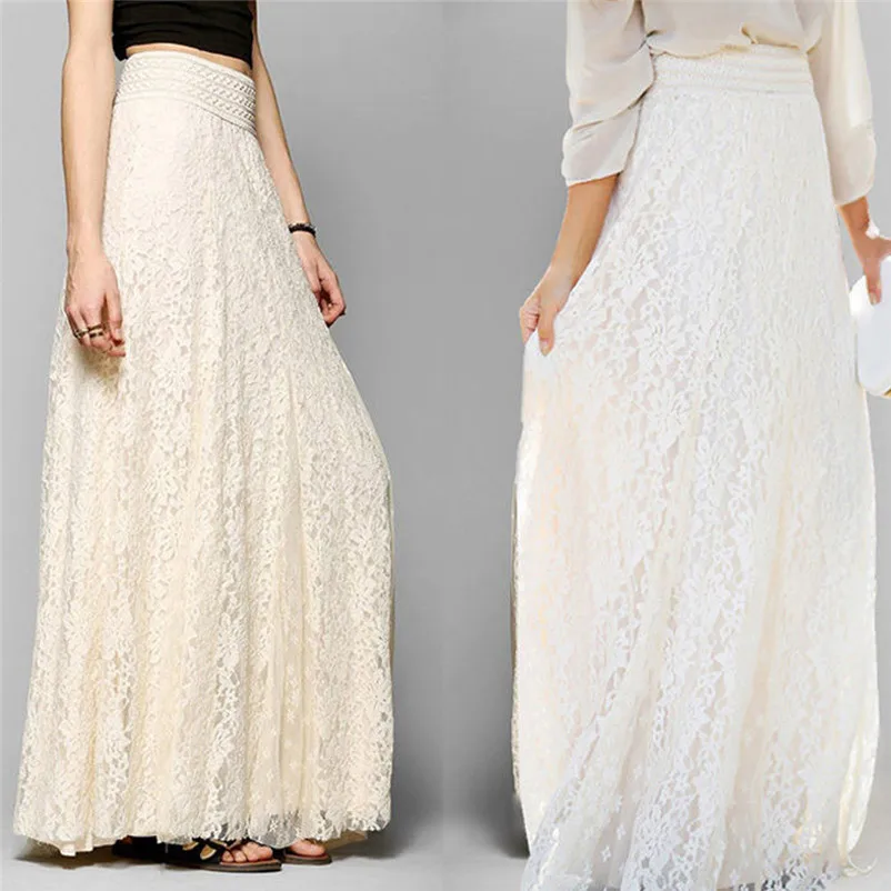 New Fashion 2018 Summer style skirts womens Lace Double Layer Pleated Long Maxi Skirt Elastic Waist Skirt Femme Saia Y05#N (5)