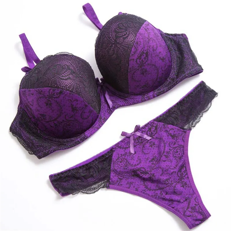 sexy bra panty set Varsbaby sexy thong lingerie set push up plus size bra and panty set lace print underwire bow large size women underwear set plus size bra and panty sets