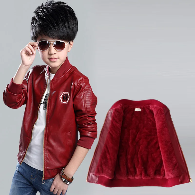 

2018 New Fashion Winter Children Jacket PU leather Plus Velvet Zipper Cardigan Coat Embroidery Boys Jacket For 3-12 year
