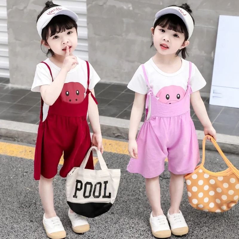 

Summer Baby Girl Clothes Short Sleeve Cotton T-shirt Cartoon Print Strap Shorts Casual Outfits Set