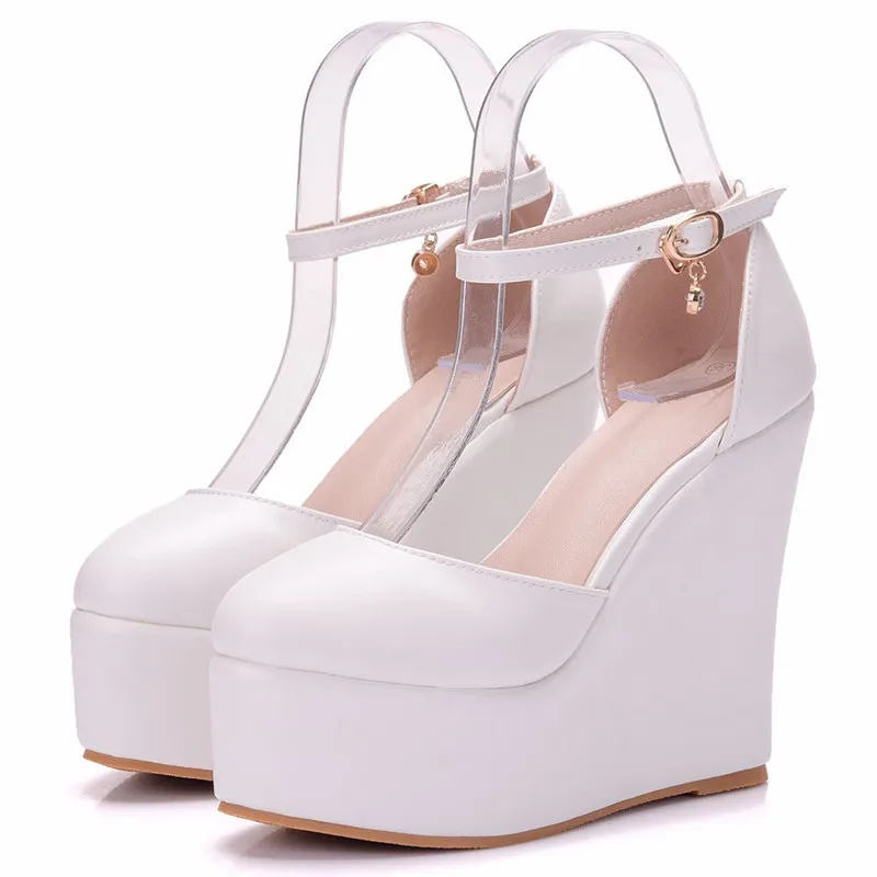 

Women Fashion Ankle Strap White Wedding Party Sandals Pu Leather Summer Shoes Wedges High Heel Sandals Shoes XY-A0095