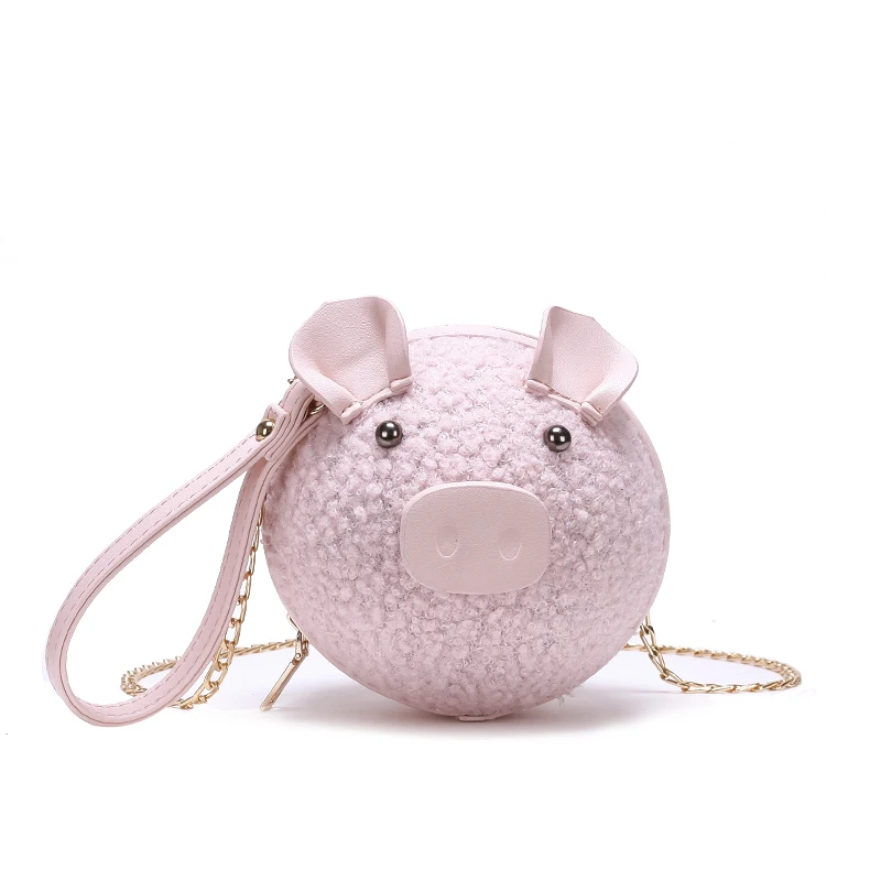 

Winter Cute Handbag Women Wool Shoulder Bag Kawaii Pig Shape Messenger Bag Girls Crossbody Bag with Chains Mini Coin Purse Bag