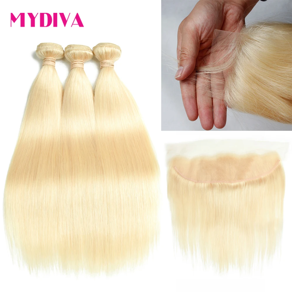 Brazilian Straight Hair Bundles With Lace Frontal Closure 613 Blonde Human Hair 3 Bundles With Closure Remy Extension Mydiva