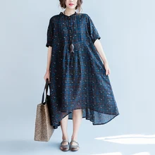 Large Size Robe Femme Comfortable Cotton Women’s Dresses Loose Tunics Women Print Floral Vestido Longo Retro Midi Dress