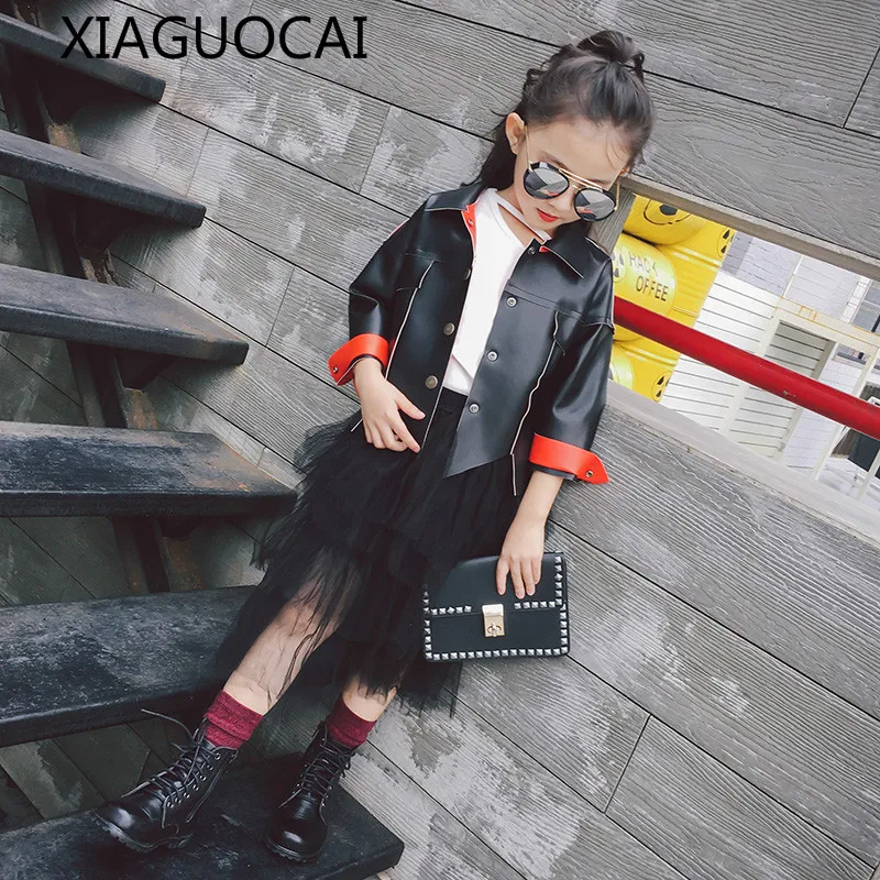 

XiaGuoCai 2019 fashion Girls baby pu Leather jacket coat Spring Autumn children clothes turn-down collar Outwear Costume k221 27
