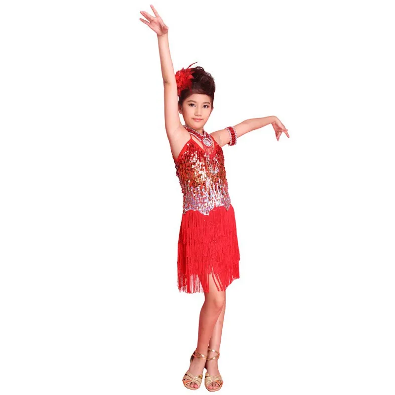 Платье феи с блестками для латинских танцев, танго, танцев для девочек; костюм для детей 6-12 лет - Цвет: Красный