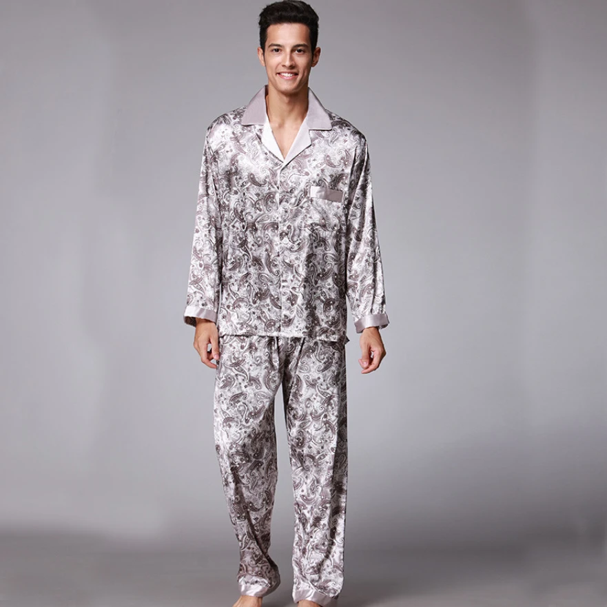 PS003 осенне-весенние пижамы с длинными рукавами мужские атласные шелковые пижамные комплекты из 2 предметов Мужская пижама с принтом мягкая шелковистая одежда для сна Ночное белье