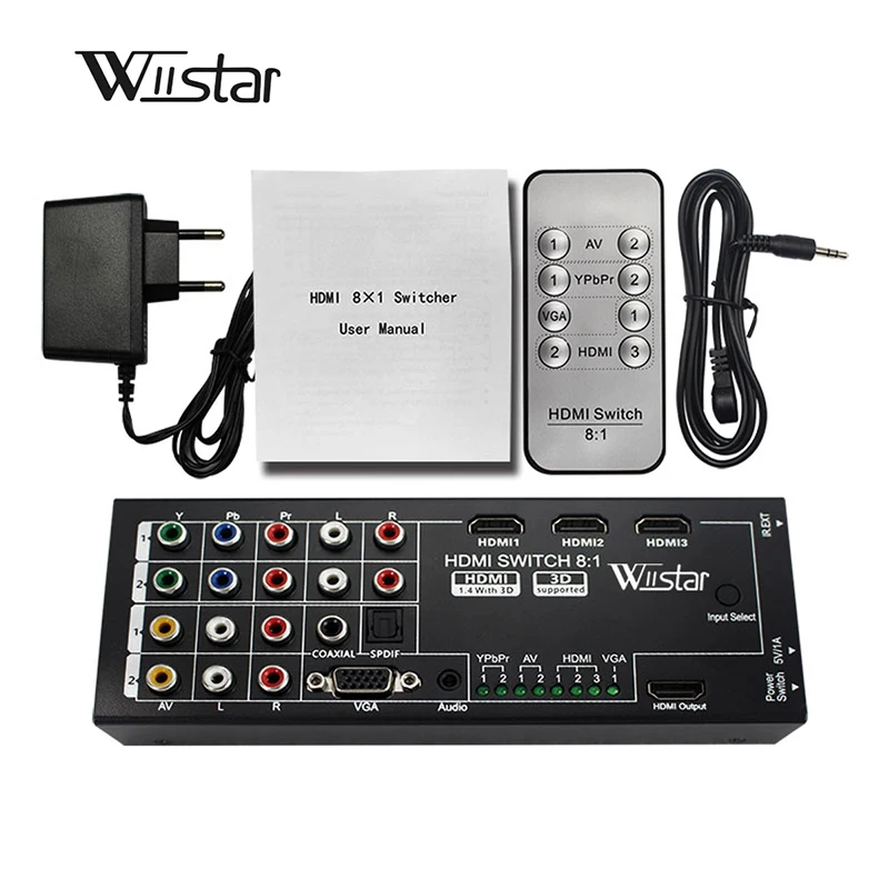 Wiistar цифровой Многофункциональный HDMI конвертер с 8 входами в 1 HDMI выход(VGA+ AV+ Ypbpr компонент+ HDMI) в 1 hdmi выход