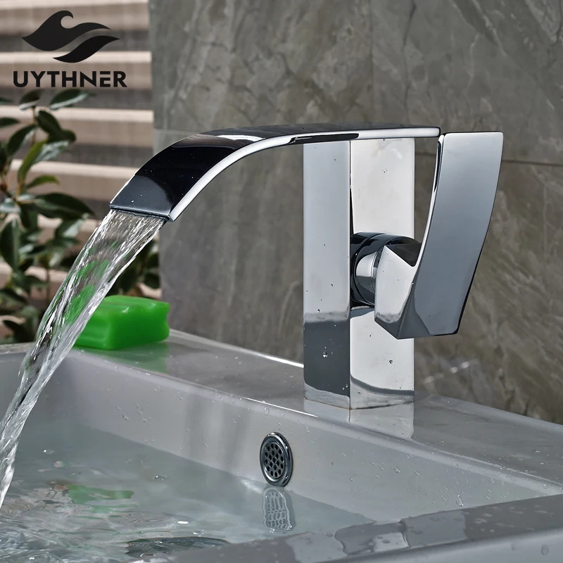 Deck Mounted Waterfall Bathroom Basin Sink Faucet Led Color Changing Solid Br Waterfall Bathroom Chrome Finish Basin Sink Faucet Single Handle Mixer Tap Deck Mounted
