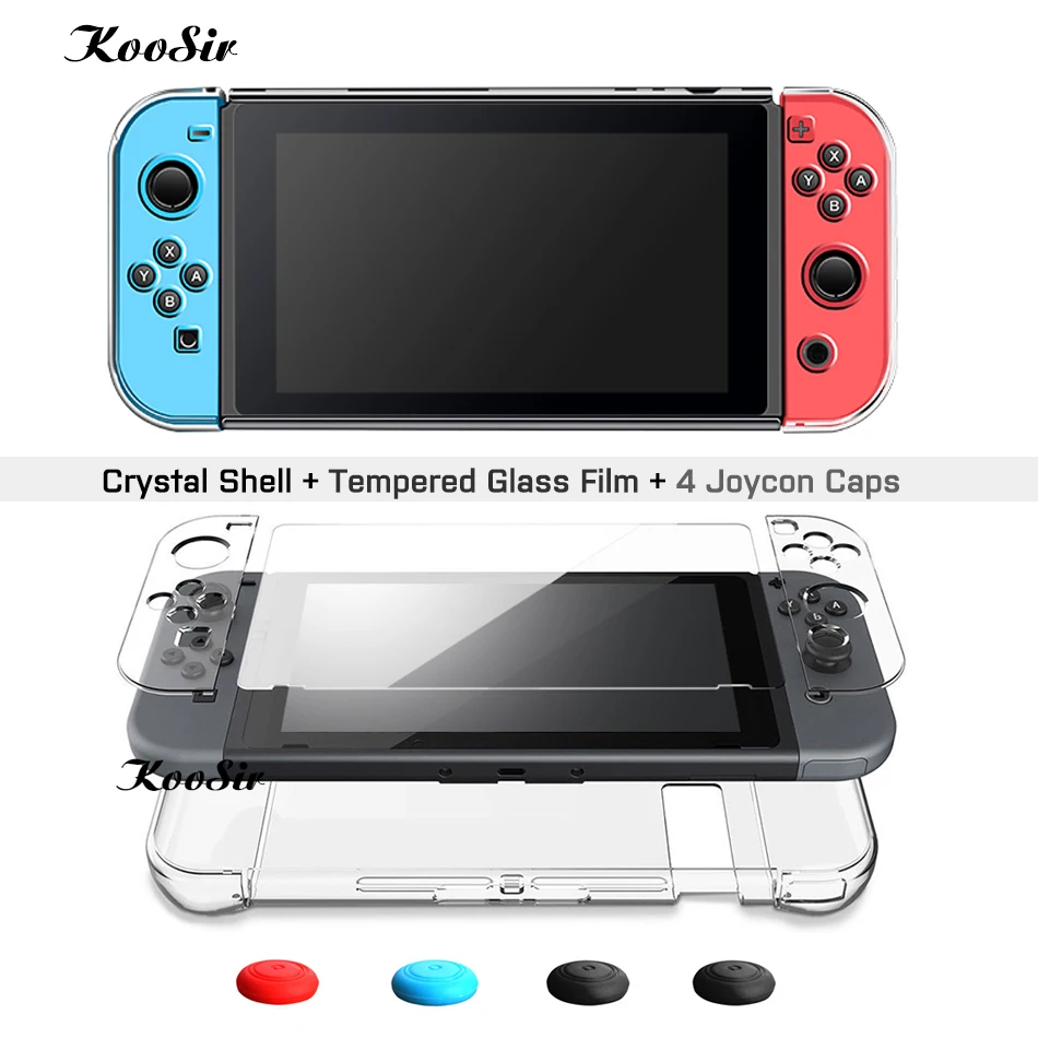 

Nintendos Nintend Switch Crystal PC Transparent Case + Tempered Glass Film + 4 Joycon Caps for Nintendo Switch Hard Cover Shell