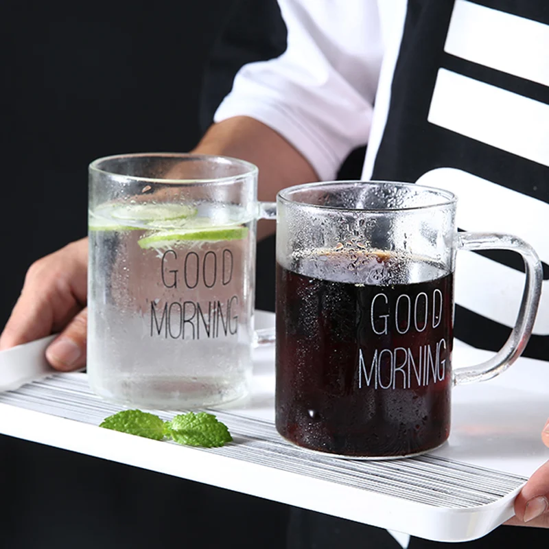 Glass Cup Tea Coffee Mug Black White Good Morning Breakfast Milk Juice Cup Transparent Glass Beer Mug 400ML (6)