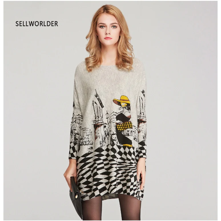

2021 SELLWORLDER Casual Thin Slash Neck Loose Print Batwing Sleeve Big Size Sweater