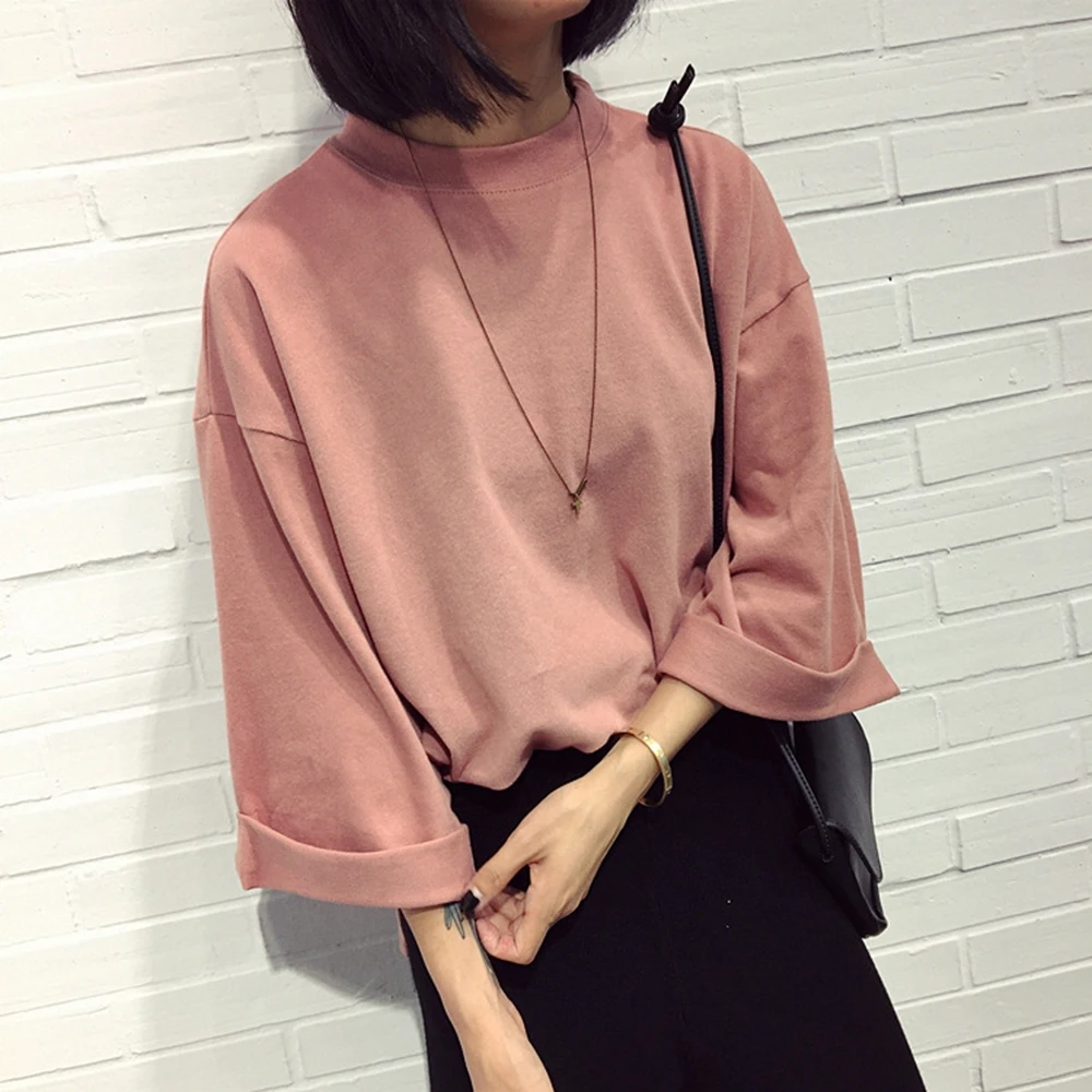 

Women T Shirt Pink Tee Shirt High Collar Tops 2019 Fashion Pink Femme T-Shirt Casual Loose Top Women Clothes Korean Flare Sleeve