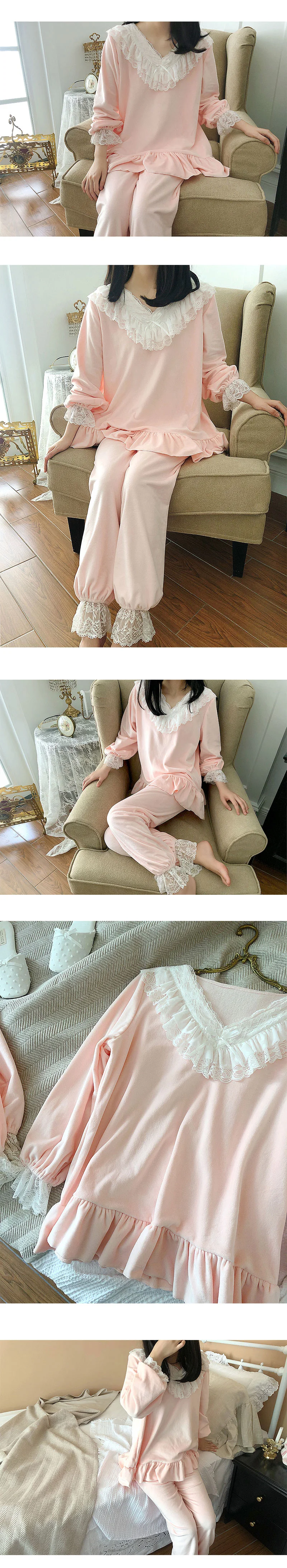 Осенне-зимние женские фланелевые пижамные комплекты с оборками в Стиле Лолита, кружевные топы+ штаны, винтажный пижамный комплект для девочек, одежда для сна, домашняя одежда
