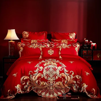 

Luxury Gold Royal Embroidery Red European Wedding Bedding Set 60S Egyptian Cotton Duvet Cover Bed sheet Bedspread Pillowcases