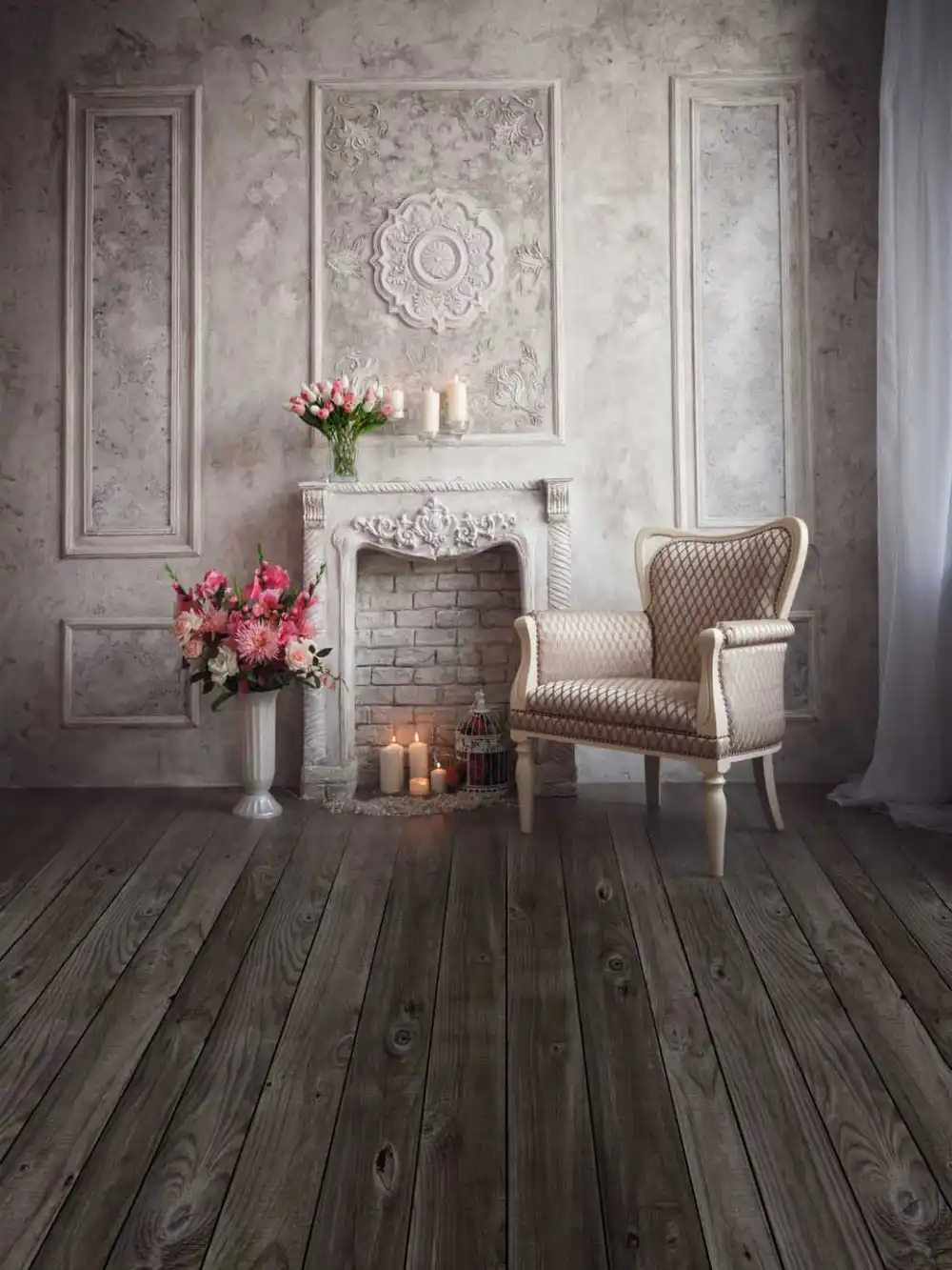 8x12FT Vintage Light Color Room Flowers Pot Chair Candles Fireplace