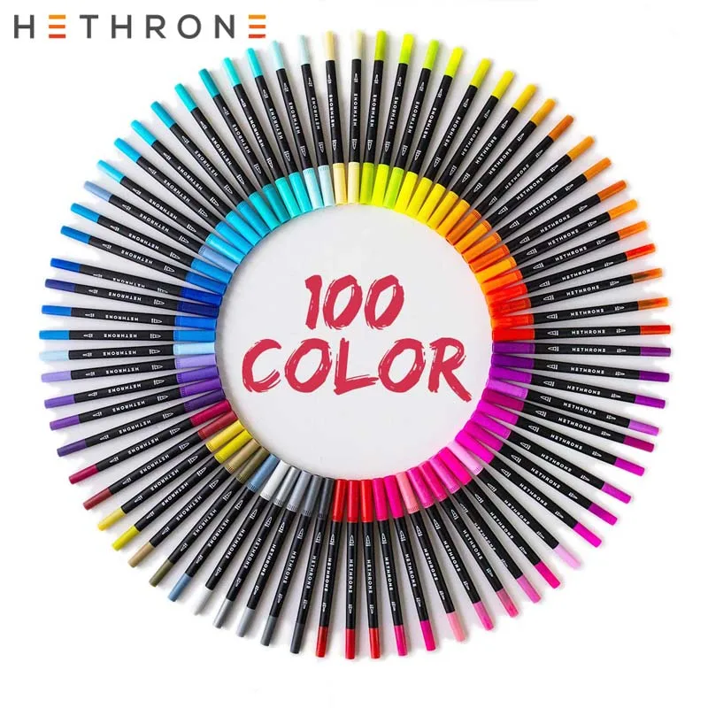 Hethrone 100 цветная ручка FineLiner, ручка для рисования, акварельные товары для рукоделия, фломастеры, двойные кончики, кисть, граффити, наборы, подарок