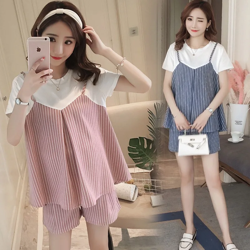 2Pcs/Sets Stripe Pregnant Sweet Suits Fake Two Piece Tops With