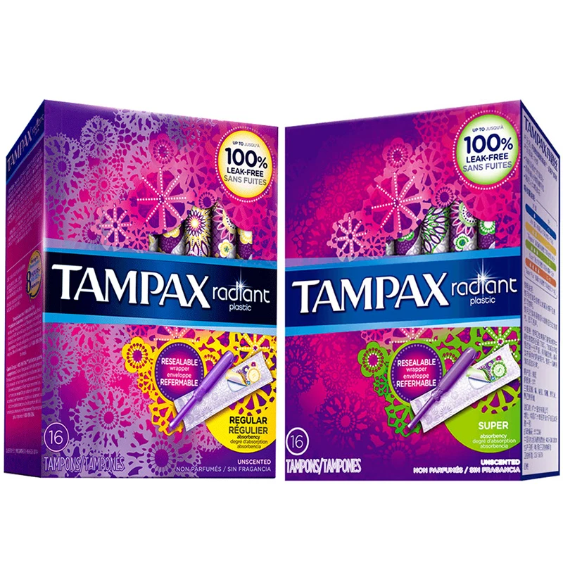 Tampax Radiant Plastic Catheter Unscented Tampon Leak-free Regular & Super Absorbency 16 Pcs/Pack Menstrual Cup Sanitary Napkin