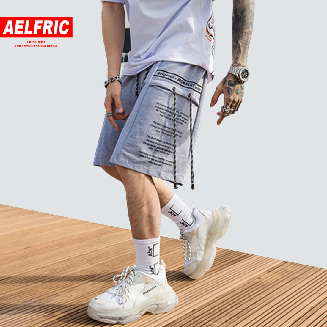 AELFRIC хип хоп ленты с буквенным принтом карго шорты Harajuku летние резинка на талии повседневные мужские до колен спортивные шорты Уличная