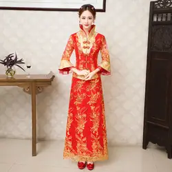 Китайское традиционное платье красного невесты Вышивка Cheongsam долго Qipao Vestido Oriental Платья Винтаж Свадебные QI Pao Для женщин