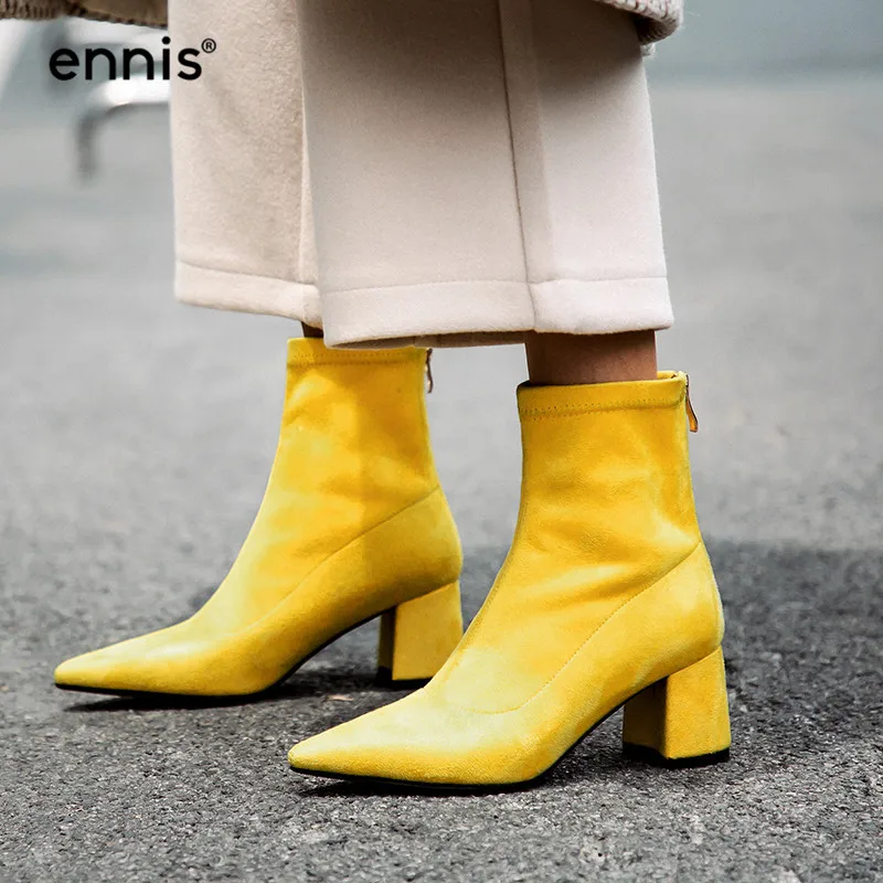 ENNIS 2019 NEW Flock Chunky High Heel Boots Pointed Toe Stretch Boots Women Winter Autumn Ankle