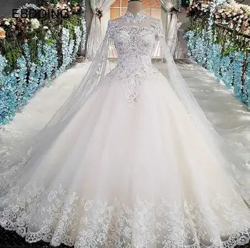 شراءEBDOING الفاخرة الدانتيل الكرة ثوب الزفاف عالية العنق Vestidos دي Novia مخصص زائد حجم فستان عروس